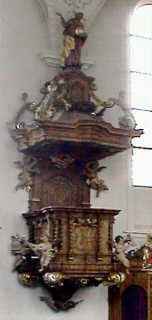 Pulpit in the Catholic parish church St. Martin, Batzenhofen